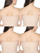 a diagram of a woman wearing a nude tummy control strapless slip body shaper shapewear showing different strap configurations
