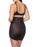 a woman wearing a black high-waisted slanted hem short body shaper