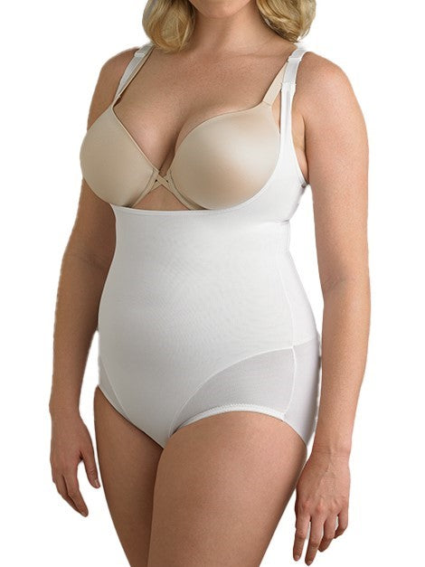 a woman wearing a white plus size open bust tummy control body shaper shapewear