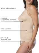 an infographic explaining the features and benefits of the cupid shapewear underwire cami tummy control tank shapewear all-groups