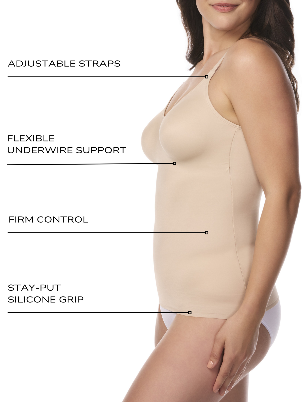 an infographic explaining the features and benefits of the cupid shapewear underwire cami tummy control tank shapewear all-groups