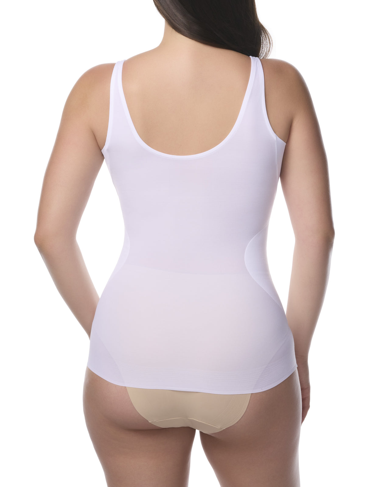a woman wearing a white shaping camisole tank top shaper