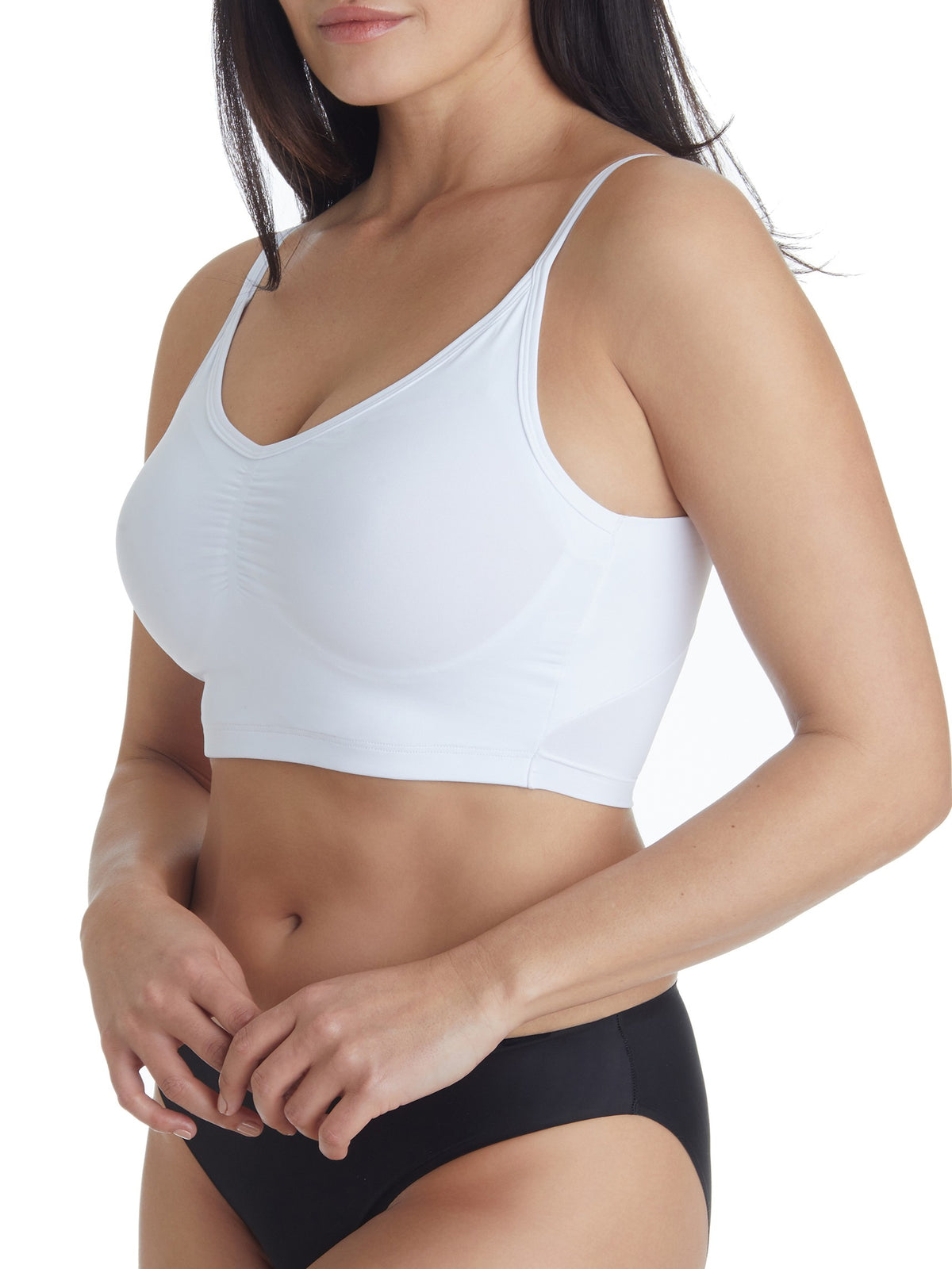 a woman wearing a white wireless bra