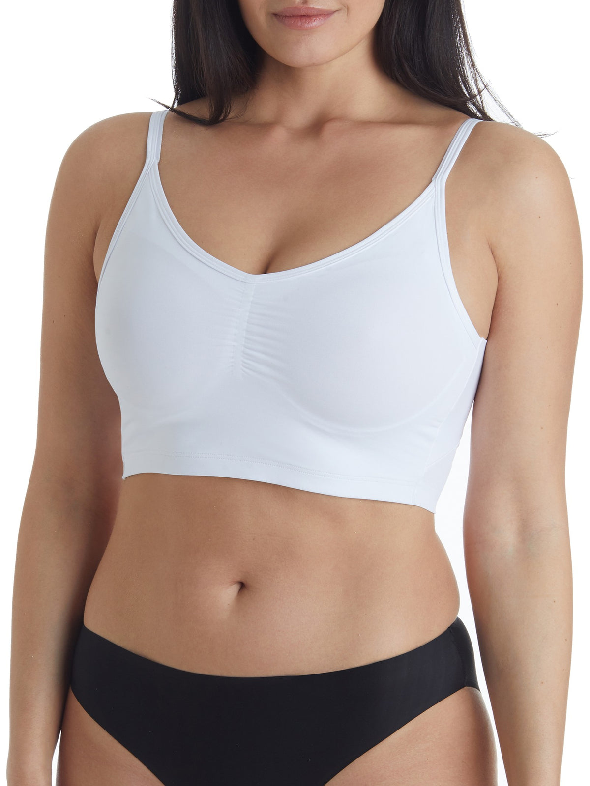 a woman wearing a white wireless bra