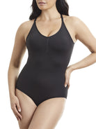 a woman wearing a black body shaper shaping bodysuit shapewear