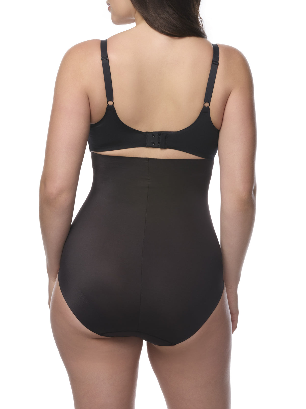 Black shapewear brief worn by a model on a white background