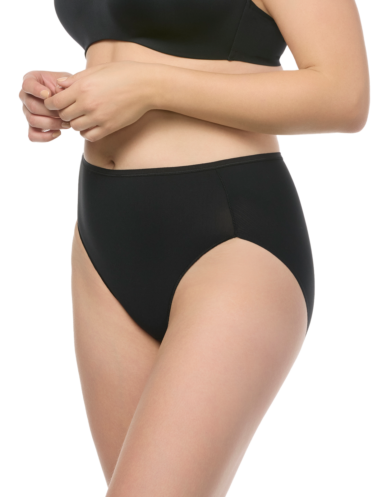 a woman wearing a black high cut brief panty french cut