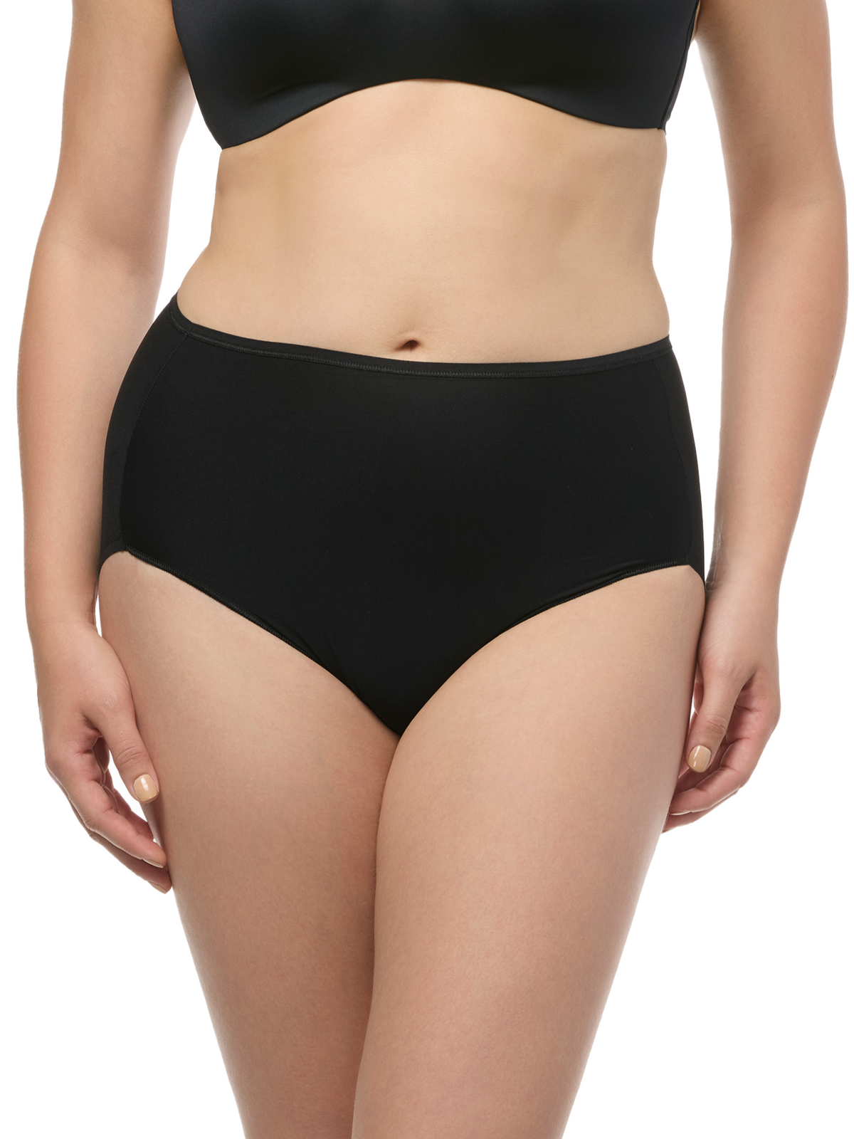 a woman wearing a black brief panty