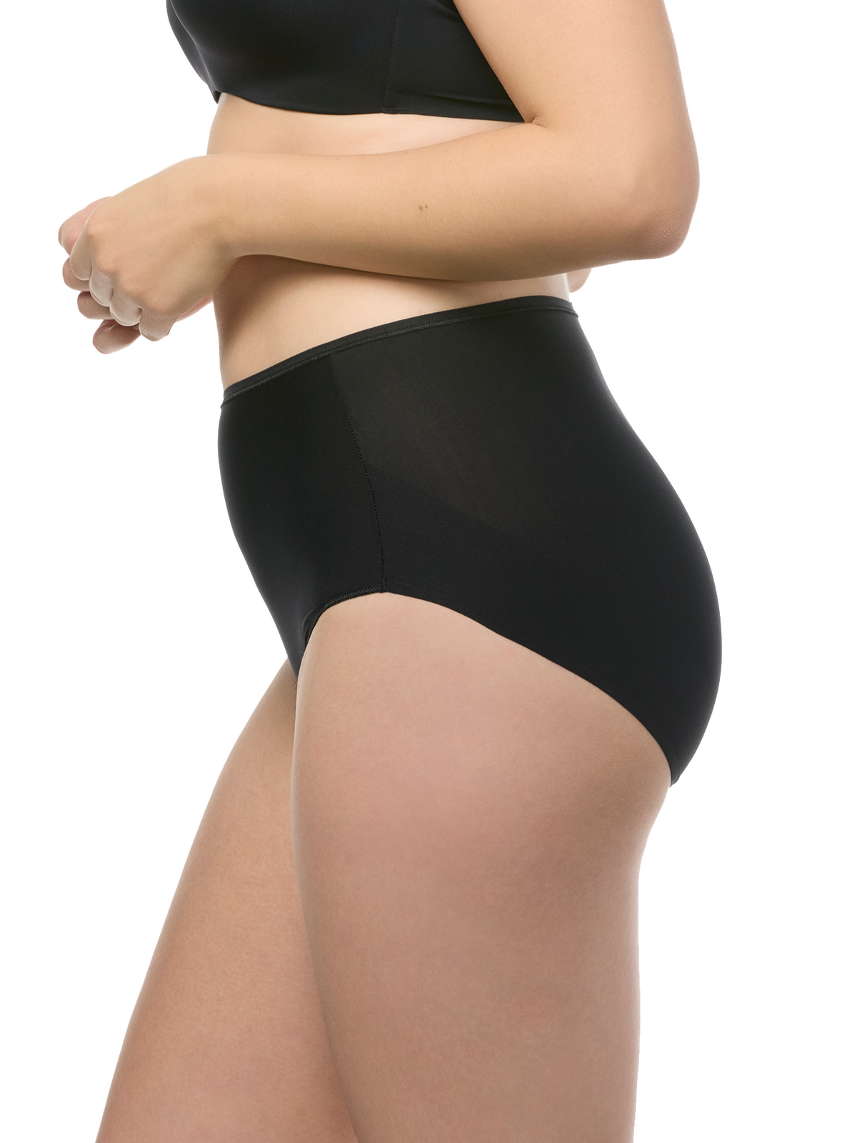 a woman wearing a black brief panty