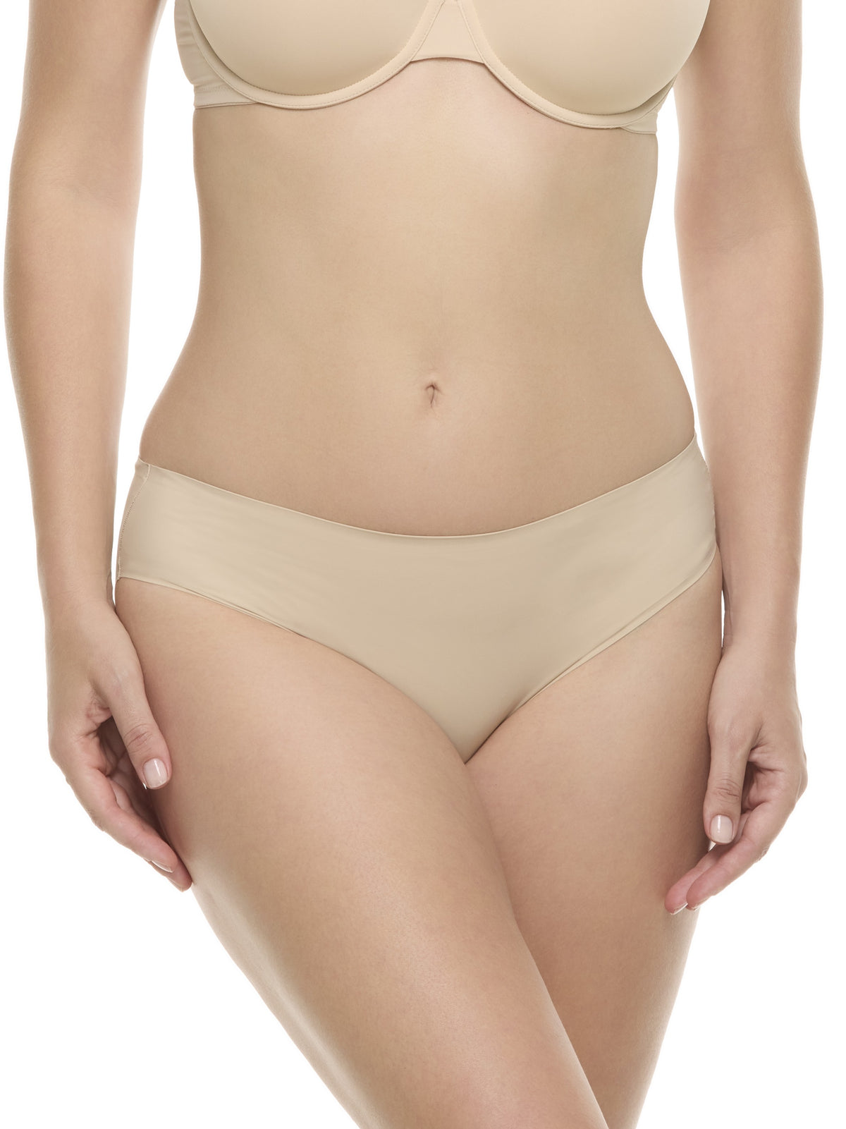 a woman wearing a beige hipster panty underwear