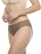 a woman wearing a dark sand color hipster panty underwear