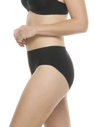 a woman wearing a black high-cut brief panty underwear