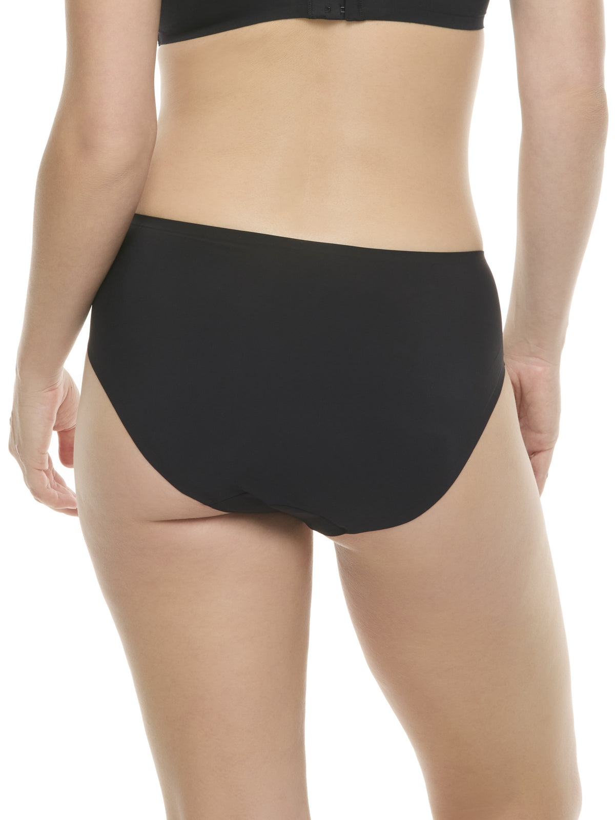 a woman wearing a black high-cut brief panty underwear