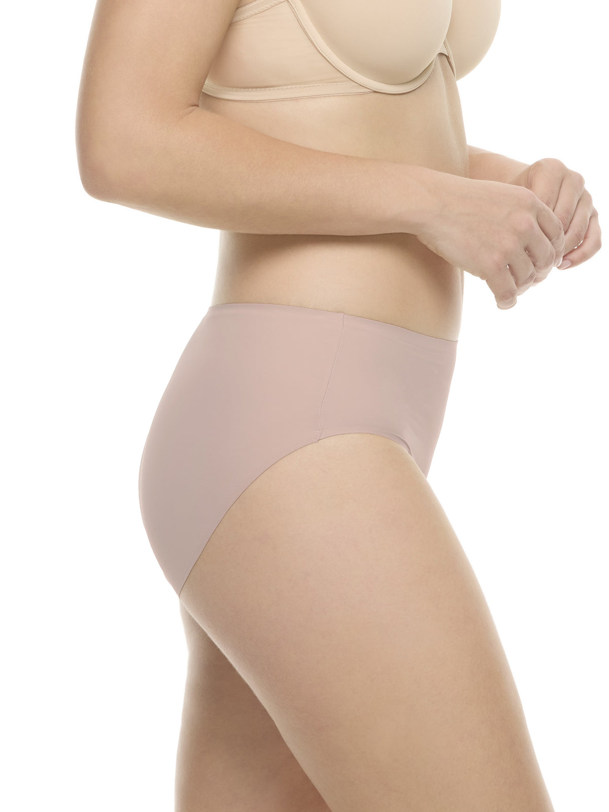 a woman wearing a rose pink high-cut brief panty underwear