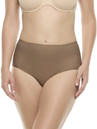 a woman wearing a dark sand color brief panty underwear