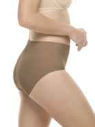 a woman wearing a dark sand color brief panty underwear