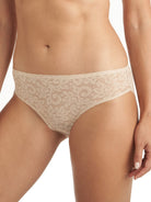 a woman wearing a nude lace hipster panty