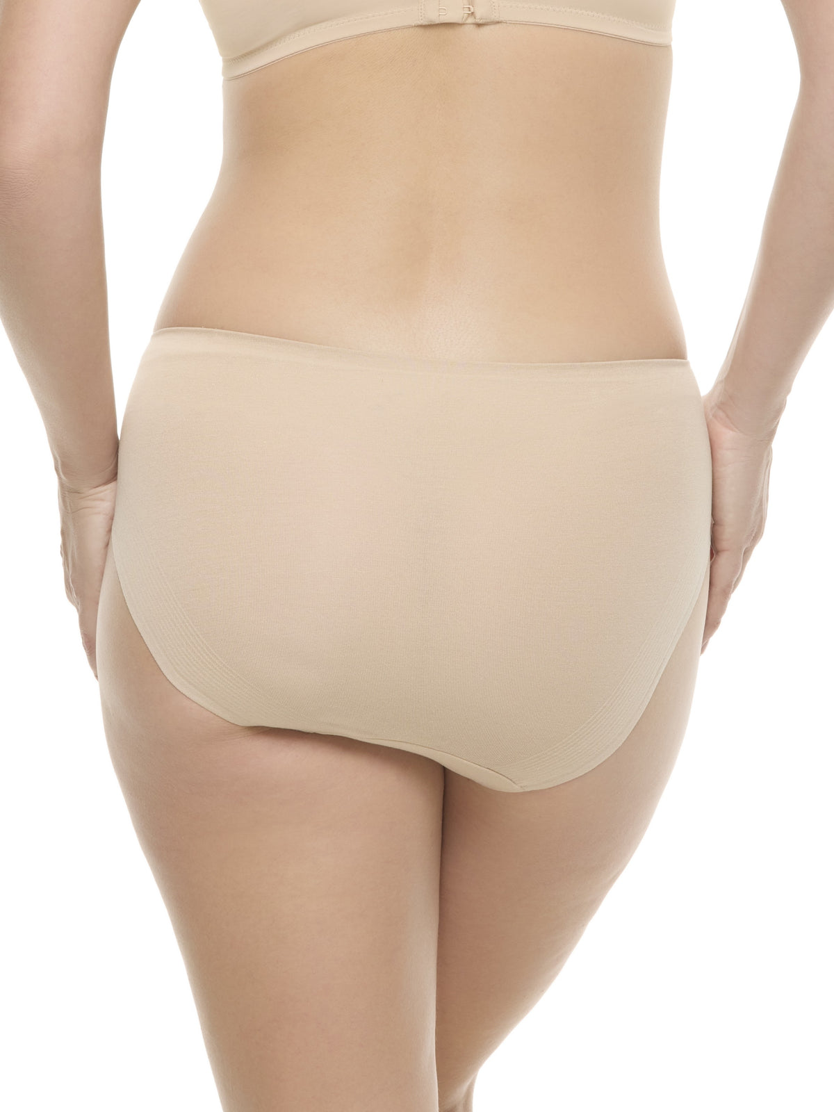 a woman wearing a beige color hipster panty underwear