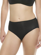 a woman wearing a black color high-cut brief panty underwear