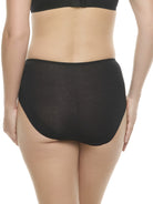 a woman wearing a black color high-cut brief panty underwear