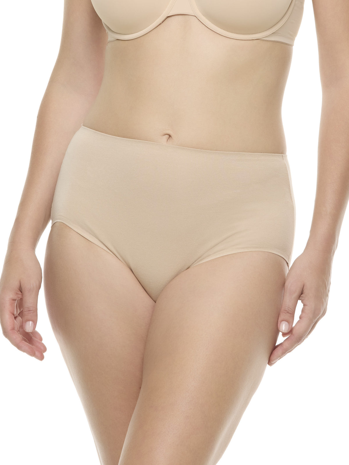 a woman wearing a beige color brief panty underwear