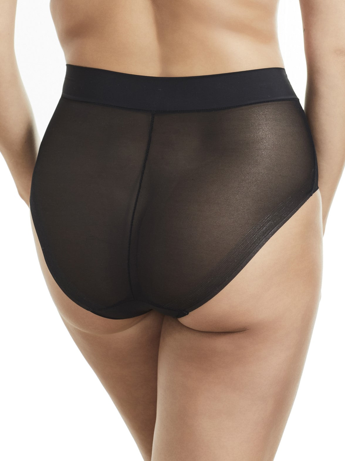 a woman wearing a sheer black brief panty