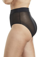 a woman wearing a sheer black brief panty