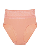 Peach-colored underwear with lace waistband on a white background