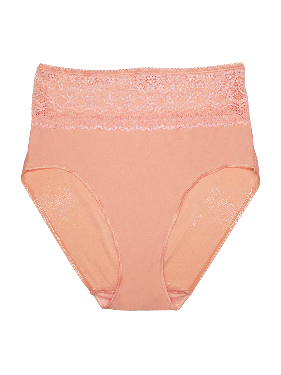 Peach-colored underwear with lace waistband on a white background