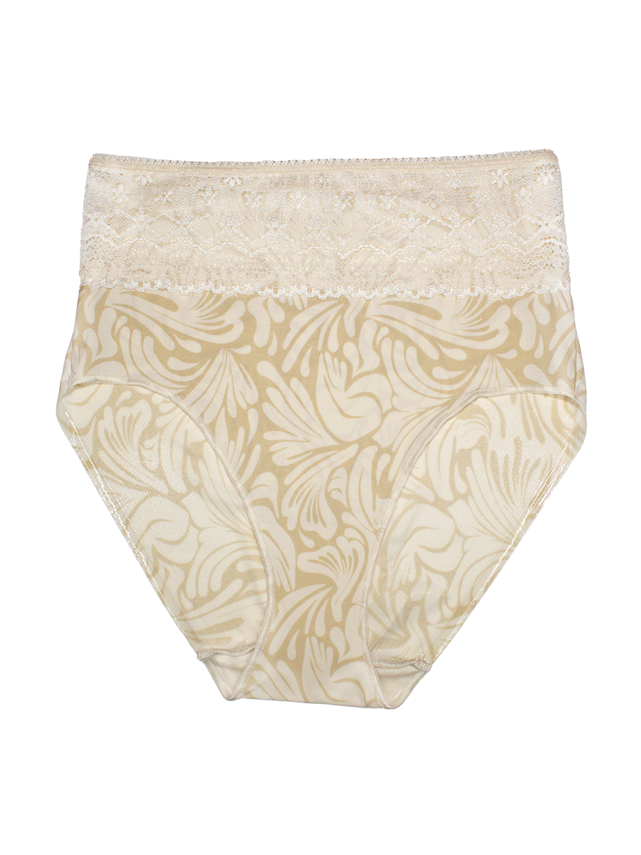 Beige floral-patterned underwear with lace trim on a white background
