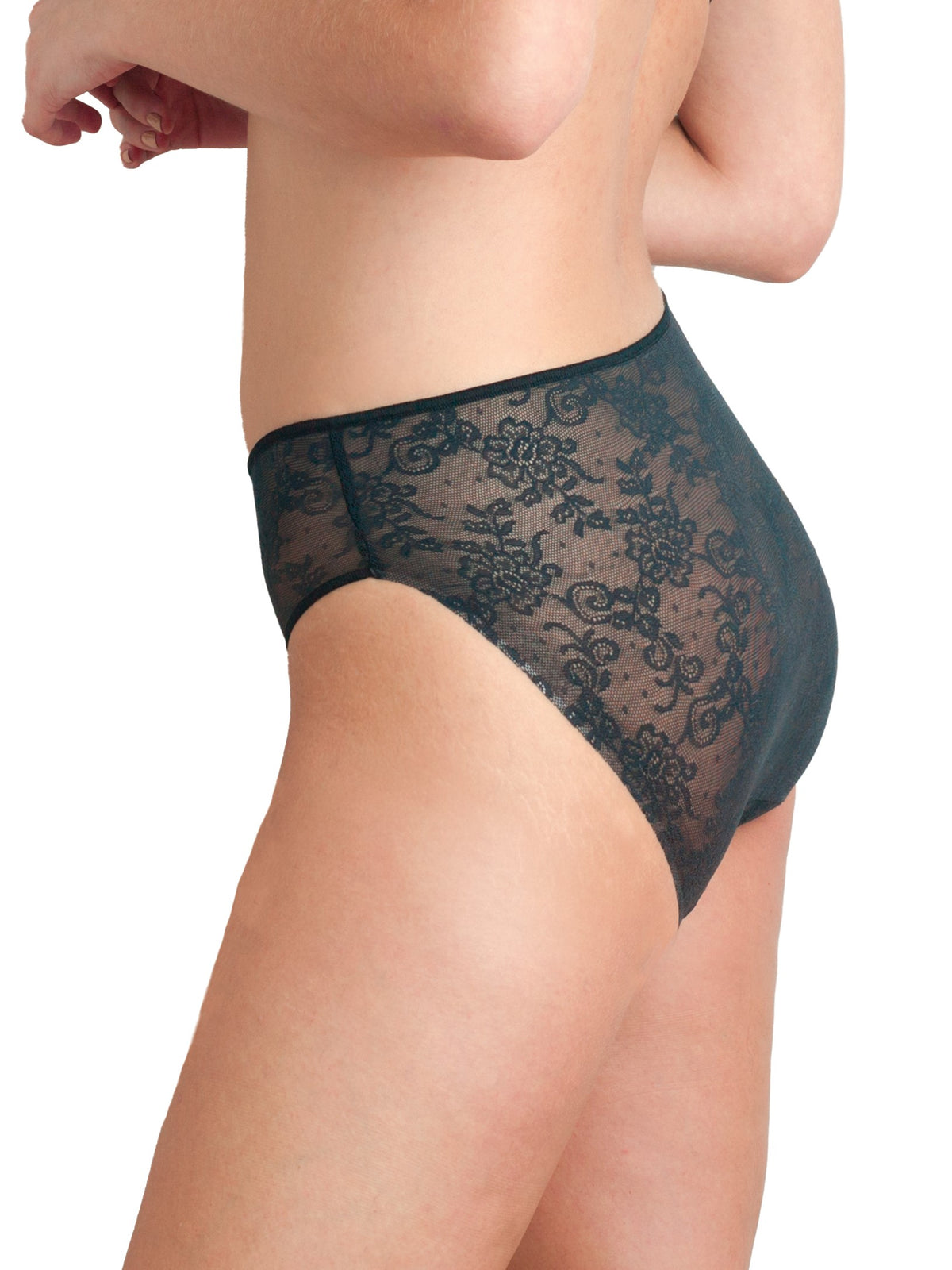 a woman wearing a teal high cut brief panty