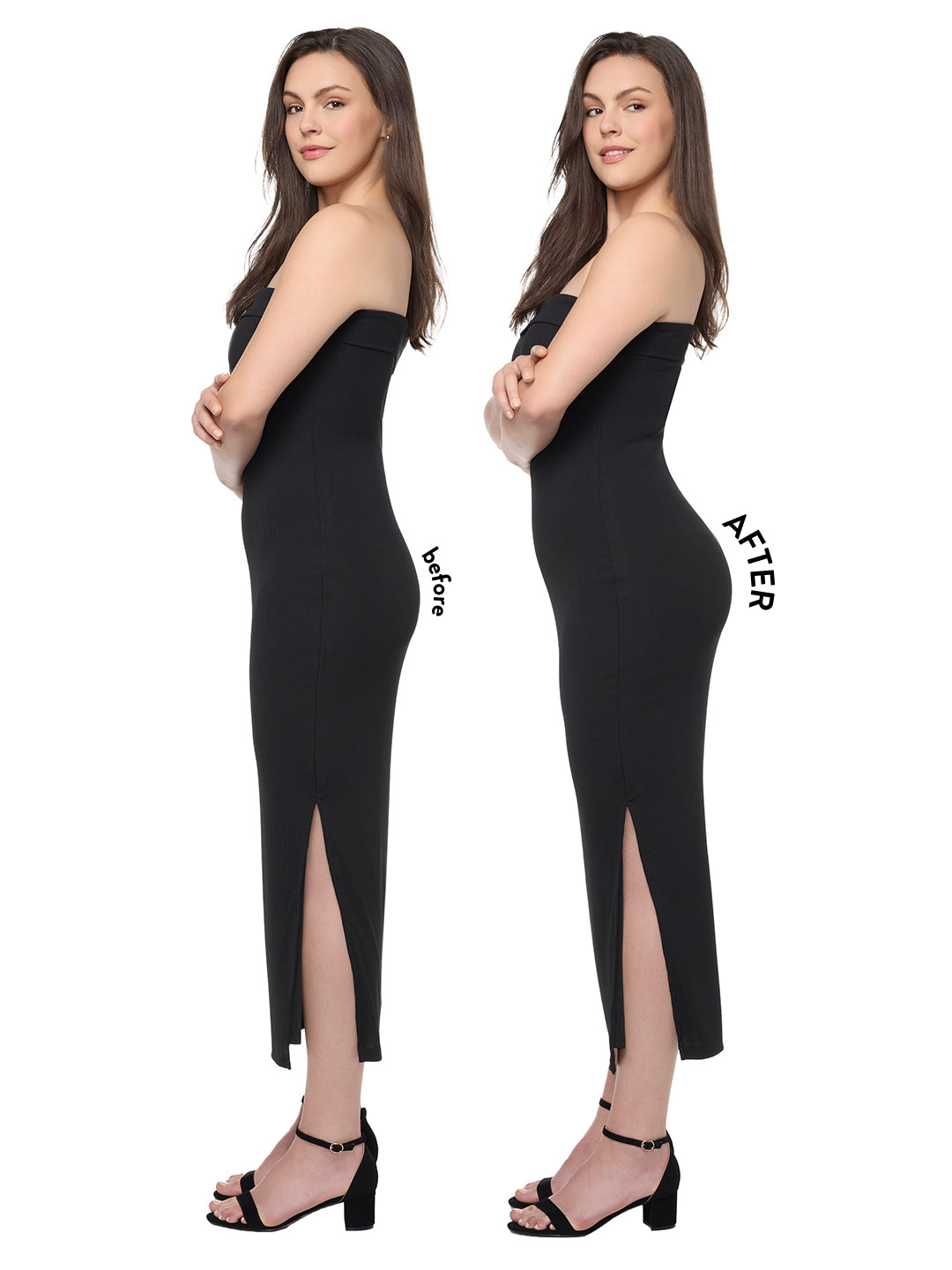 Woman wearing a black dress with a front slit, showing a before and after of the butt pad shapewear short on a white background all-groups