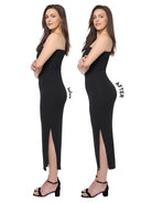 Woman wearing a black dress with a front slit, showing a before and after of the butt pad shapewear short on a white background all-groups